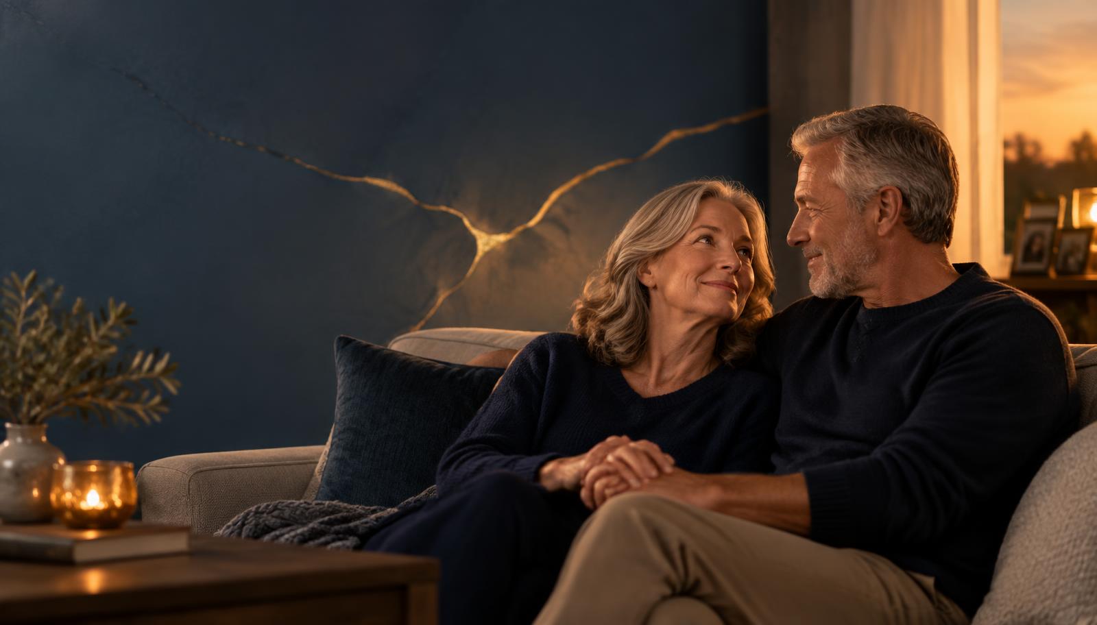 A married couple sitting together at home, talking warmly and reconnecting