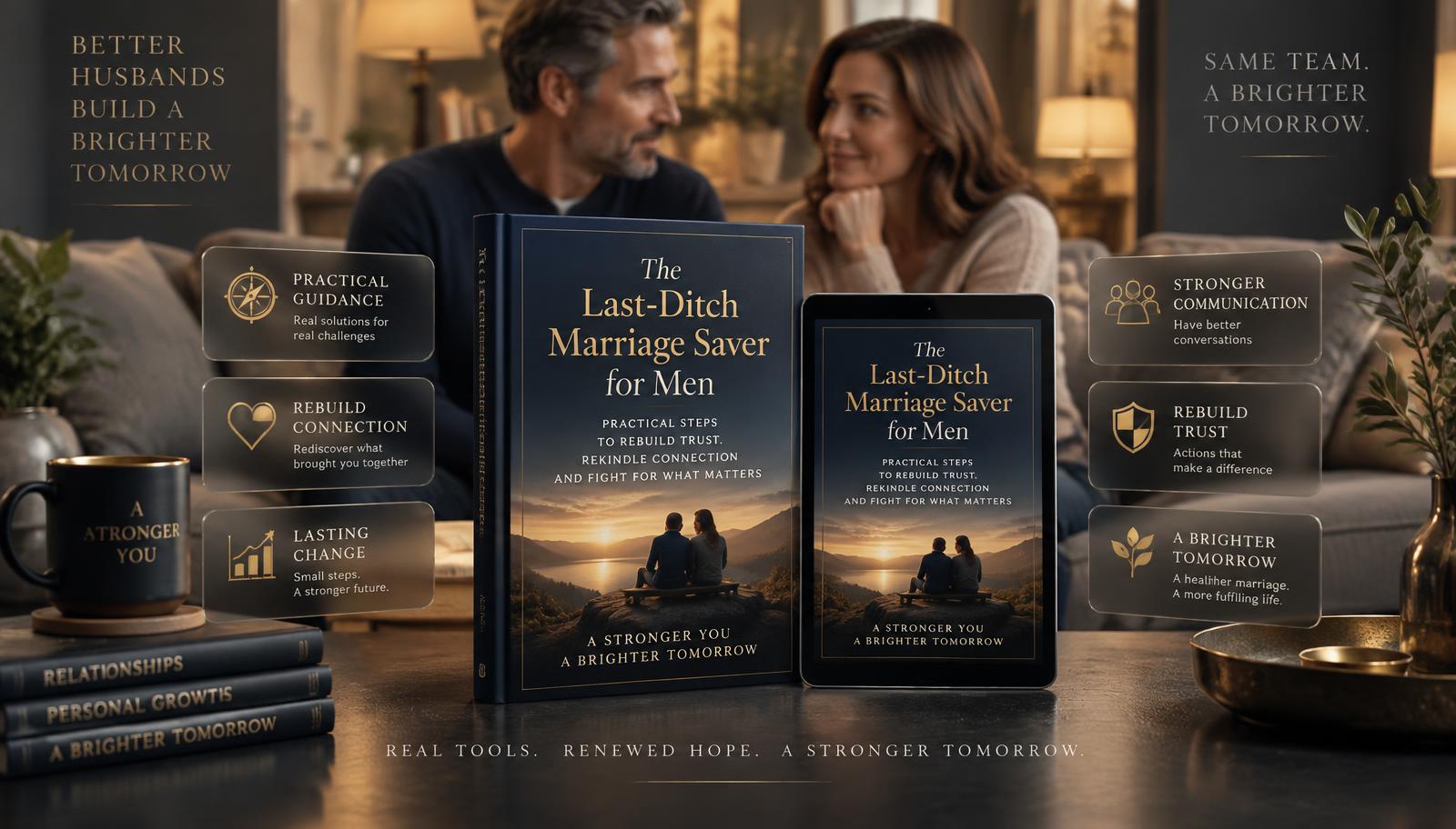 Premium hardcover and tablet mockup of The Last-Ditch Marriage Saver for Men, with a mature couple talking warmly in the background