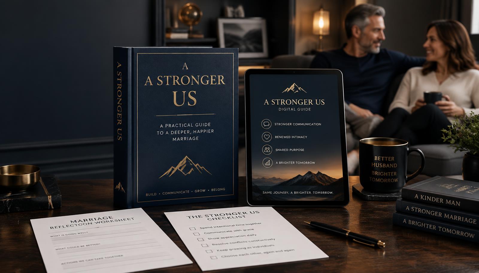 Hardcover book, tablet edition, worksheets and checklists from the relationship guide arranged on a dark wooden desk